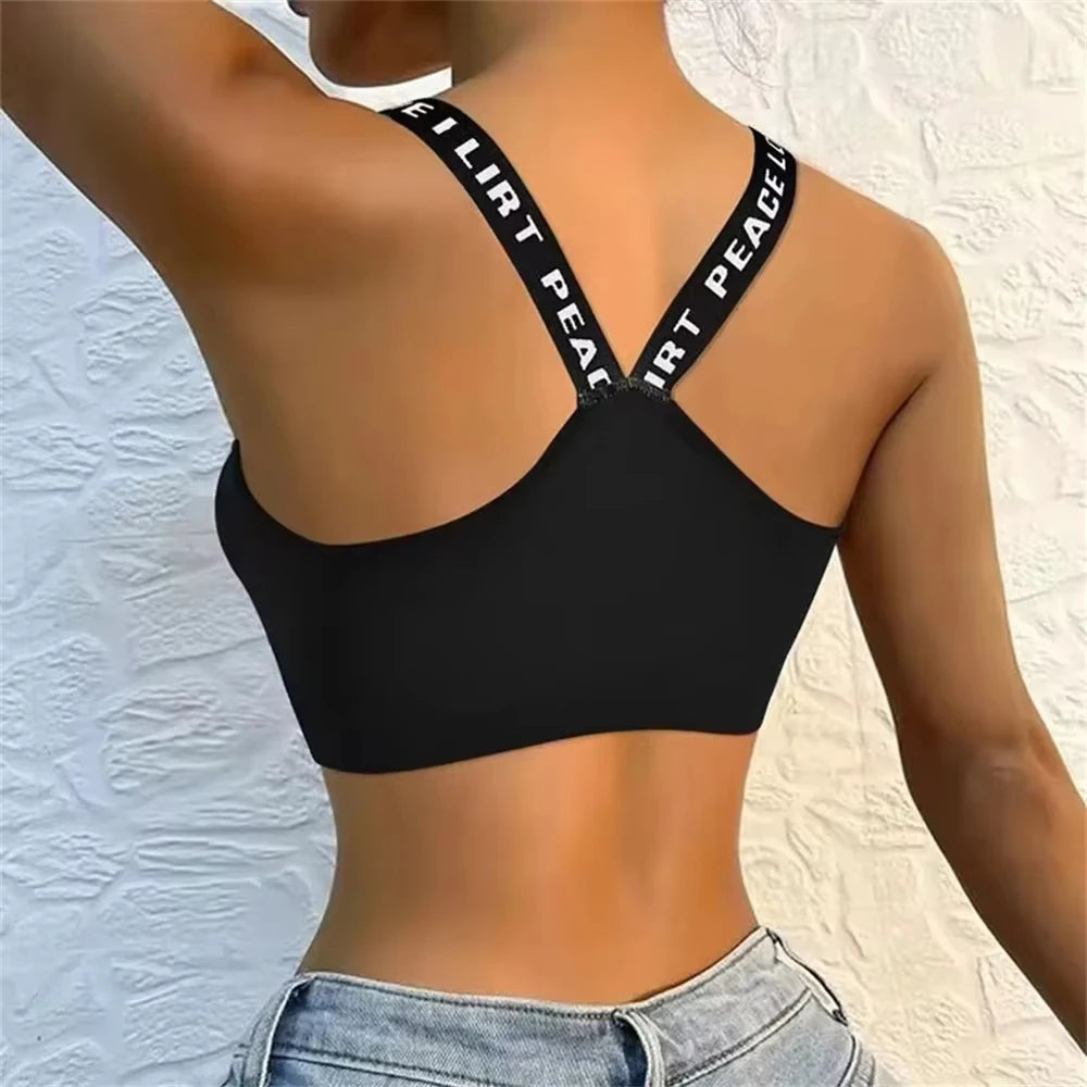 Sports Underwear Women Yoga Fitness Seamless Crop Top Wide Letter Straps Comfortable Workout Activewear